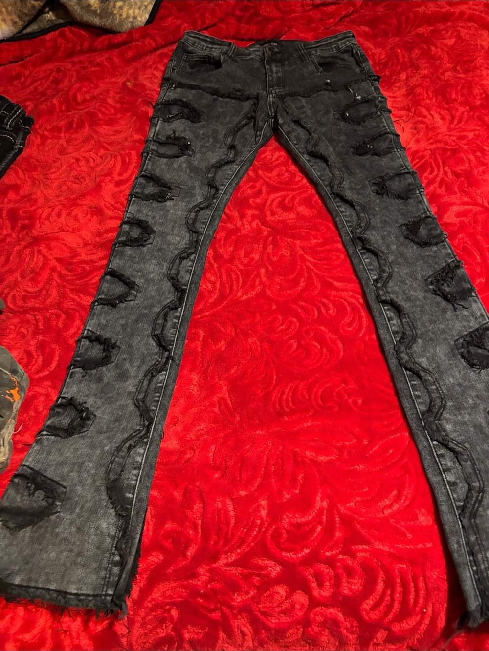 Men's Black Distressed Bootcut Jeans with Ripped Panel Accents